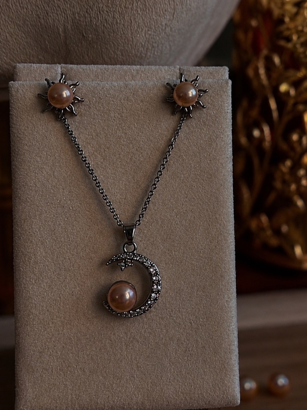 Silver Moon & Sun Pearl Necklace and Stud Earring Set with Metallic Pearls
